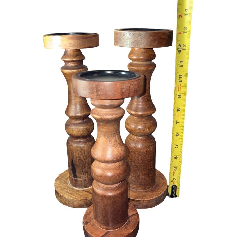 Set of 3 Wooden Pillar Candle Holders Decorative Brown Natural Finish decor - Picture 5 of 7
